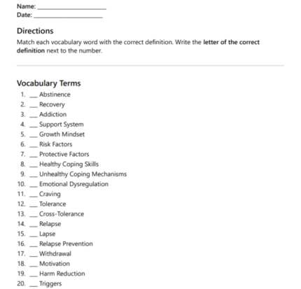 Addiction Recovery Vocab Match Up